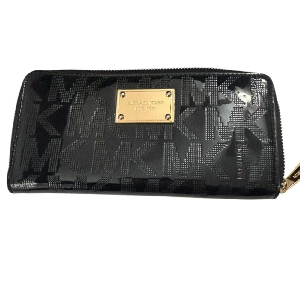 Michael Kors Zip Around Wallet Signature Black Patent Leather Gold Plate…
